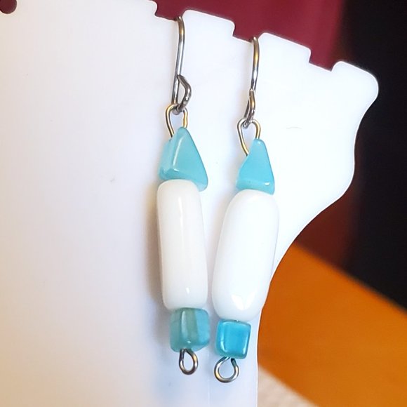 Silver Tone Hook Blue and White Glass Bead Earring